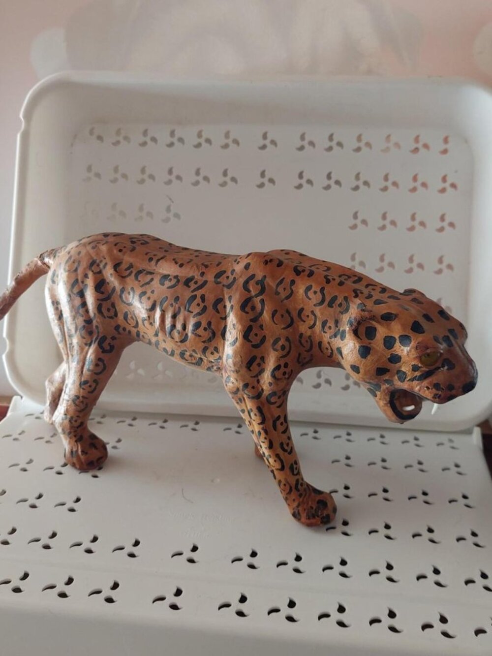 Vintage Leather Wrapped Leopard Statue Hand Painted Jaguar Figurine Safari 15"